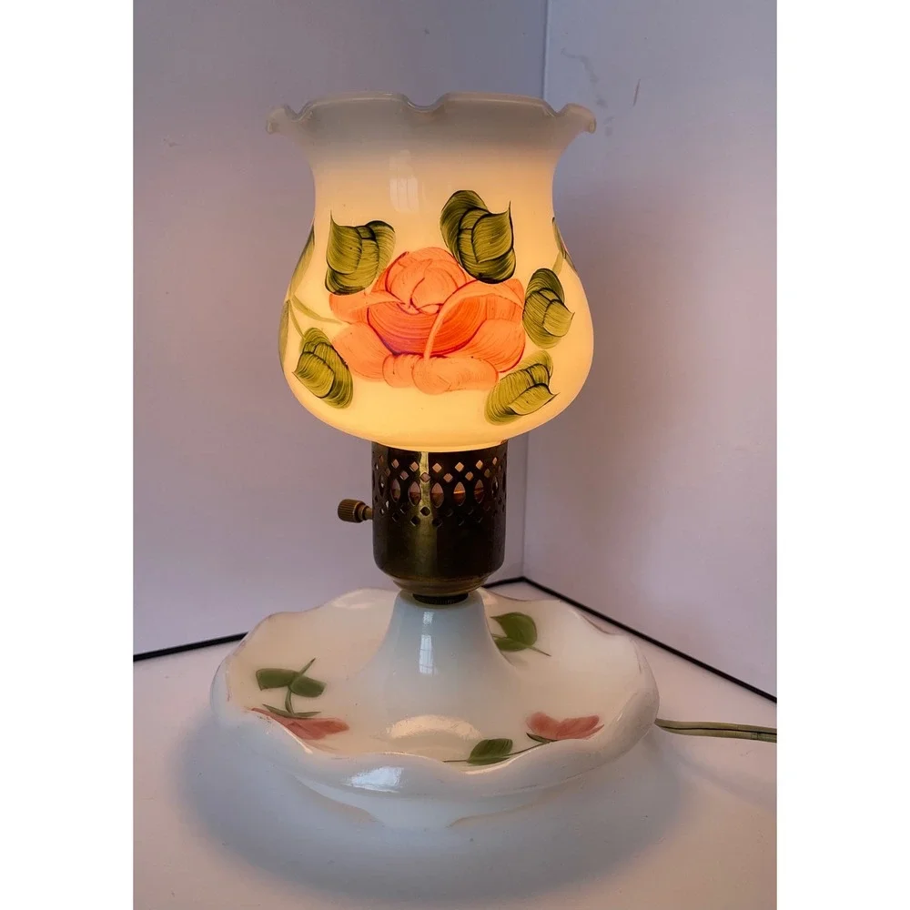 Vintage Milk Glass Hurricane Lamp Hand Painted Pink Roses Ruffled Boudoir Light
